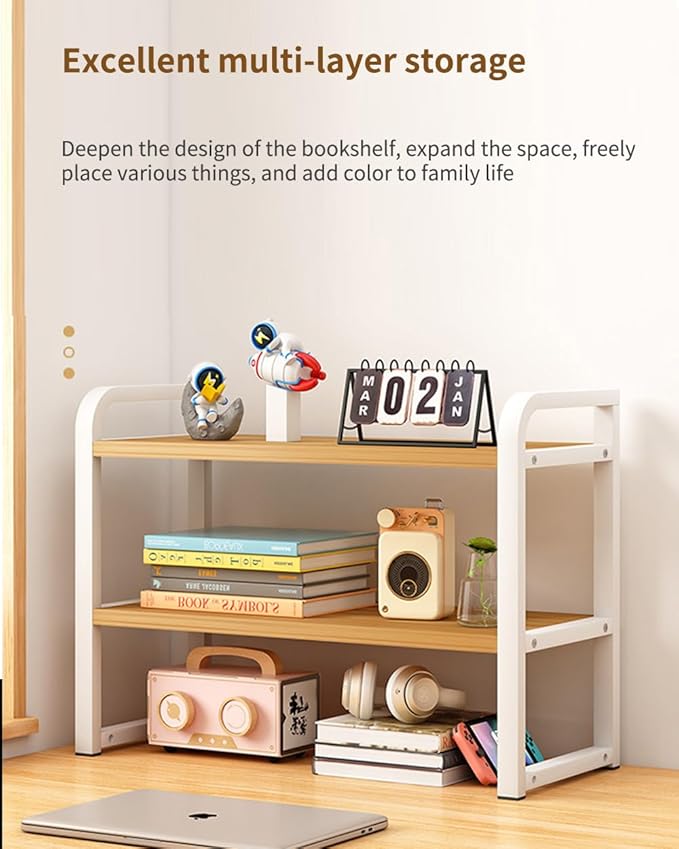 Office Desk Shelf Organizer, Wood Desktop Bookshelf Supplies Storage Rack, Shelf for Top of Desk and Dresser and Cubicle Decor Aesthetic Bookshelf