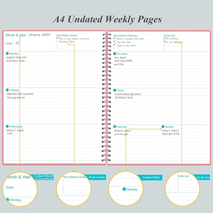 Undated Planner Pro - 8.5" x 11" Weekly & Monthly Planner to Achieve Goals & Increase Productivity, 12 Months Undated Agenda Daily Planner, Start Anytime, Pink