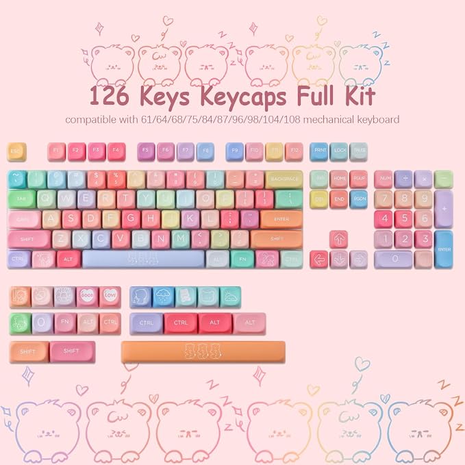 Tsungup PBT MOA Keycaps126 Keys Cute Gummy Bear Rainbow Candy Custom Keycaps 100 Percent Keyboard,Dye Sublimation Keycap Keyboard Keycap Set for MX Switches Mechanical Keyboard(only keycap)