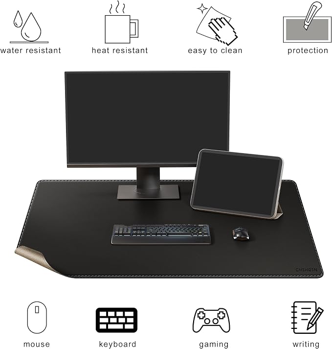 Chihein 43" x 24" 3XL Desk Mat with Cork & PU Leather (Black), Dual Sided Desk Pad, Waterproof Computer Desk Mat for Gaming, Office, Home