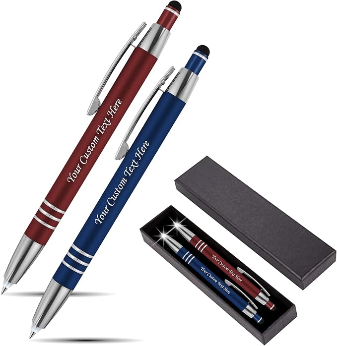Personalized Pen Gift Set, 2 Rubberized Metal Luxury Ballpoint Pens +Night Writer LED Flashlight +Stylus +Gift Box, Custom Engraved Name, Logo, Message, Customized for Men/Women, Blue/Red