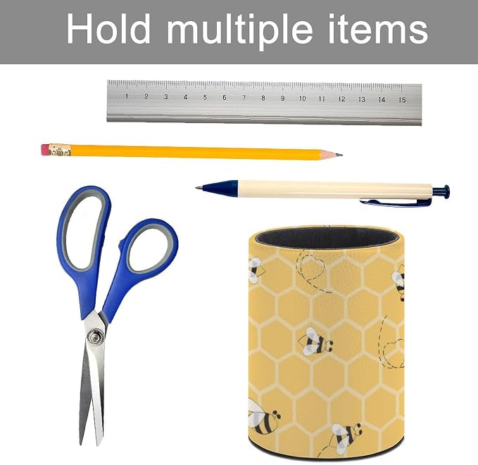 Bee Pen Holder for Desk PU Pencil Cup Organizer | Round Desks Makeup Brush Holder for School Multifunctional Office Supplies