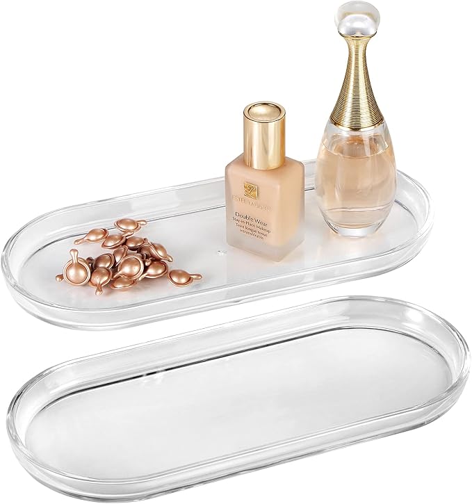 SheeChung Acrylic Vanity Tray, 2 Pack, Clear, 9.65 in x 4.5 in x 0.79 in, Catchall Tray, Countertop Sink Tray Dispenser, Sturdy Holder for Cabinet, Shelf, Cupboard, or Closet Organization | 9.65" x 4.5", Perfume Jewelry Candle Dispenser Catchall Tray, ...