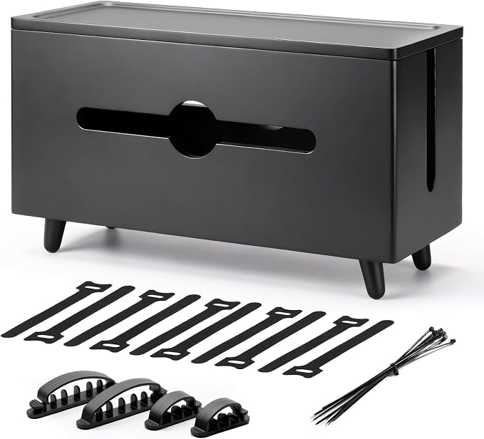 Extra Large Cable Management Box，Wood Cable Organizer Box,Power Strip Box & Organizer for Power Strip, TV Wires & Desk Cable Storage,Hide Desk Cord and Floor Cables (Black) (Black)