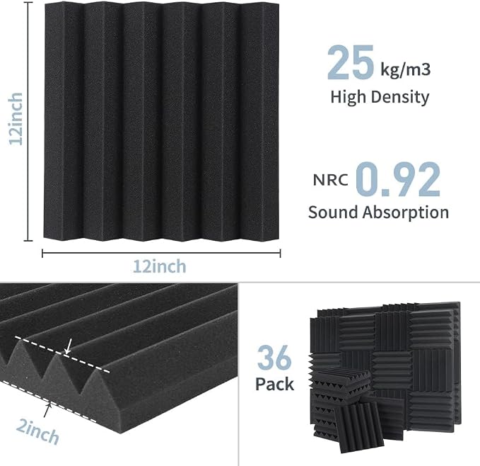 GUERRI Sound Proof Foam Panels - 12 x 12 x 2 Inches 36 Pack Wedges Acoustic Foam Panels Sound Proofing Padding for Walls and Ceiling High Density Foam Studio Foam (Black)
