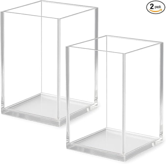 Clear Acrylic Pen Holder Cup Set of 2, Simple Modern Desktop Organizer for Stationery, Makeup Brushes, Office, Study and Home