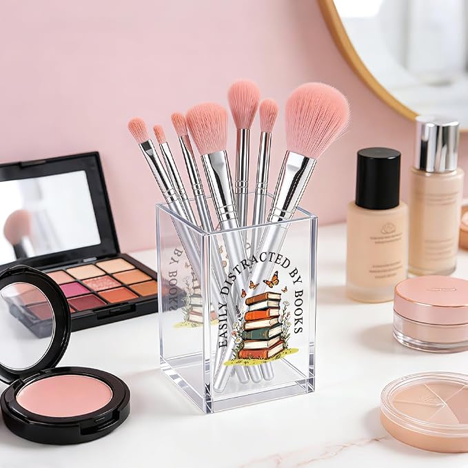 Easily Distracted By Books Acrylic Pencil Pen Holder Cup, Reading Book Club Bookmark Storage Organizer, Cute Bookish Desk Accessories Holder Gifts for Daughter Librarian Teacher Book Lover