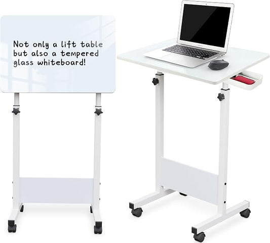 KOUPA Adjustable Height Standing Desk, 24 in Writable Tempered Glass Desktop with Eraser, 360° Flip, Wheels – Ideal for Small Spaces and Home Offices, White(Adjustable Height: 32-47 in)