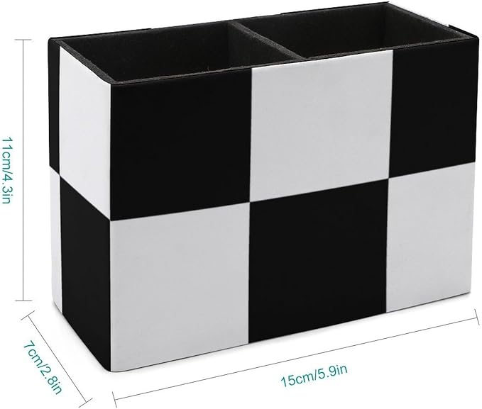 Black And White Plaid PU Leather Pen Holder Desk Organizer, 2-Compartment Pencil Container for Office, Home, Vanity Use