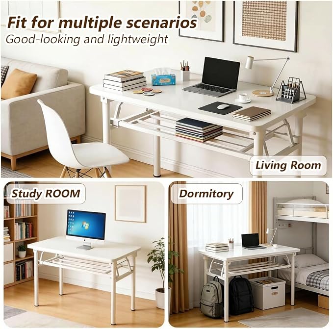 Folding Desk for Small Spaces, 31.5 Inch Foldable Computer Desk, No Assembly Required, Space Saving Portable Study Table for Compact Home Office, Bedroom, Dorm, Apartment, White