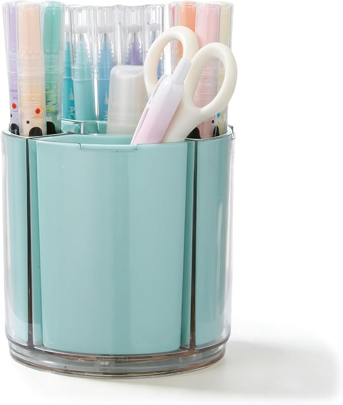Comix 360° Rotating Pen Holder for Desk, Green Pencil Holder with 5 Slots | Expandable Capacity, Acrylic Pen Organizer Easy to Clean, Cute Pencil Cup for Home School Office Art Supplies