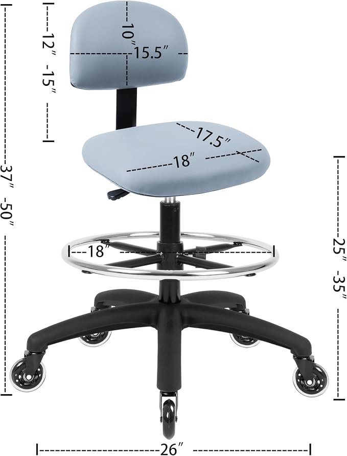 FSS Series Square seat Tall (25"-35") seat Height Chair. Vinyl-for Office, Garage, Desk, Shop, Computer, Doctor, Medical, Easy to Clean! 18" Footring (Gray, Tall, Rubber Roller Casters)