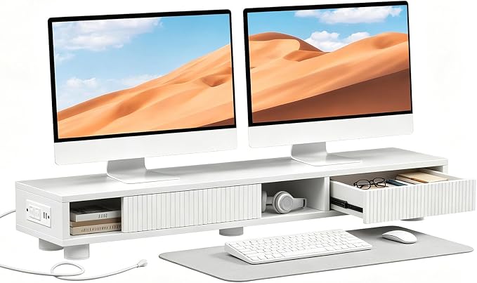 Artswish 42" White Dual Monitor Stand with Power Outlet & Storage Drawer | 42" Monitor Riser for Home Office, Built-In Power Outlet, Hidden Storage & Darwer, Adjustable Height