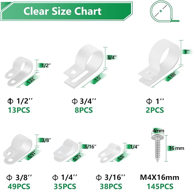 290 Pcs White R-Type Nylon Cable Clamps with M4 Screws Kit | Good Ductility, Fireproof, 6 Sizes (3/16'' 1/4'' 3/8'' 1/2'' 3/4'' 1''), 145pcs M4 Screws, for TV/PC/AC Cables & Wires.