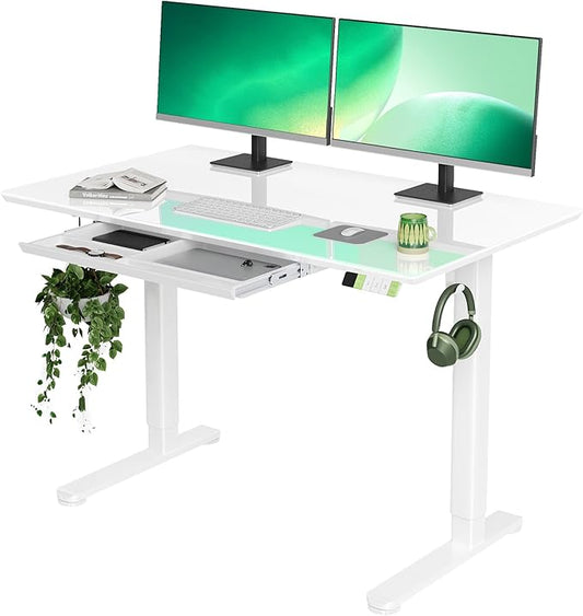 INNOVAR 48×24 Inch Super White Glass Standing Desk with Drawers | Tempered Glass Top, Ergonomic, Adjustable Height, Stand Up Desk,4 Memory Presets