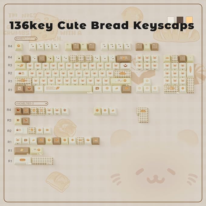 PBT Keycaps, Cute Bread Keycaps Set, 136 Keys Cherry Profile Keyboard Caps, Custom Dye-Sublimation Key Cap for 61/64/68/84/87/100/104/108 Cherry MX Mechanical Keyboards (Bread)