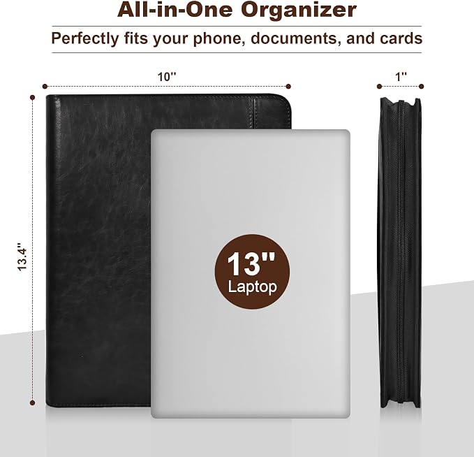 Leather Portfolio for Men, Christian Religious Gifts for Men with Laptop Pocket, Padfolio Binder Folder with Zipper for Women, Business Large Organizer Case for Bible Notebook Notepad Phone (Black)
