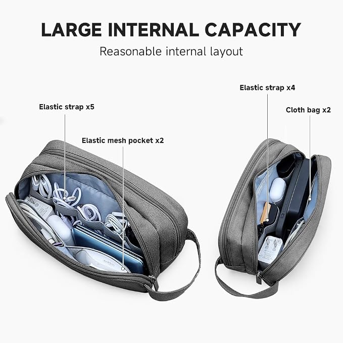 Teskyer Cable Organizer Bag, Travel Electronics Accessories Organiser, Protable Tech Pouch for Phone Chargers, Cables, Flash Drive, Power Bank, Hard Drive, Dark Grey, 23.5 x 12 x 9 cm, Double-Layer