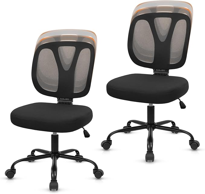 CLATINA Armless Home Office Chair, 360° Swivel Rolling Desk Chair with Lumbar Support and Wheels, Adjustable Height Mesh Back Small Ergonomic Computer Task Chair for Conference Waiting, Black(2 Pack)