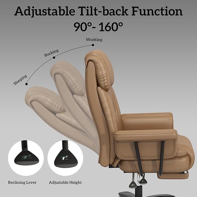 GYI 160 Reclining Office Chair with Footrest, Big & Tall Desk Chair, Brown | Cross Legged Seat, High Back, Faux Leather, Heavy Duty Base, Adjustable Height, for Home, Executive