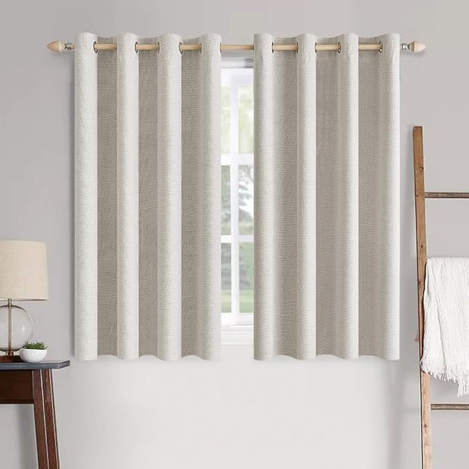 MIULEE Linen Textured Curtains for Bedroom Solid 100% Blackout Thermal Insulated Cream White Grommet Room Darkening Curtains & Drapes Luxury Decor for Living Room 52 x 63 Inch (2 Panels)