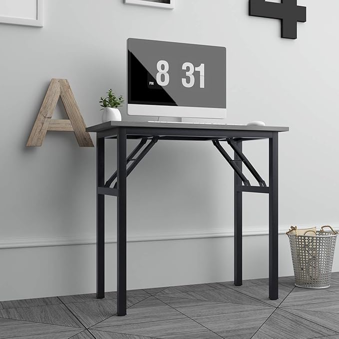 Need 31.5 Inch Folding Desk for Small Spaces, Home Office Computer Desk with Grey Wood Top & Black Frame, Foldable Writing Table for Study, Bedroom, Dorm Room & Student