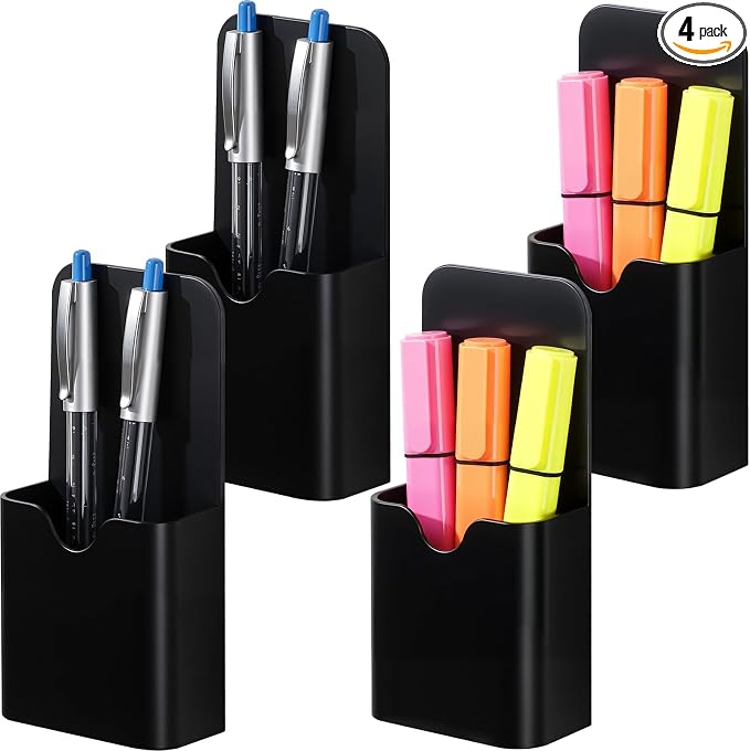 BEYGORM 4 Pack Magnetic Pen Holder for Whiteboard, Upgraded 1.5 mm Pencil Cup Organizer for Dry Erase Markers, Ideal Classroom, Office, Refrigerator, Locker(Black)