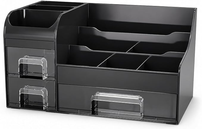 Extra Large Makeup Organizer for Vanity,Countertop Organizer with Drawers and Brush Holder,Men’s Cologne Organizer for Bathroom,Cosmetic Skin Storage for Lipsticks,Nail Polish & Shaving Lotion,Black