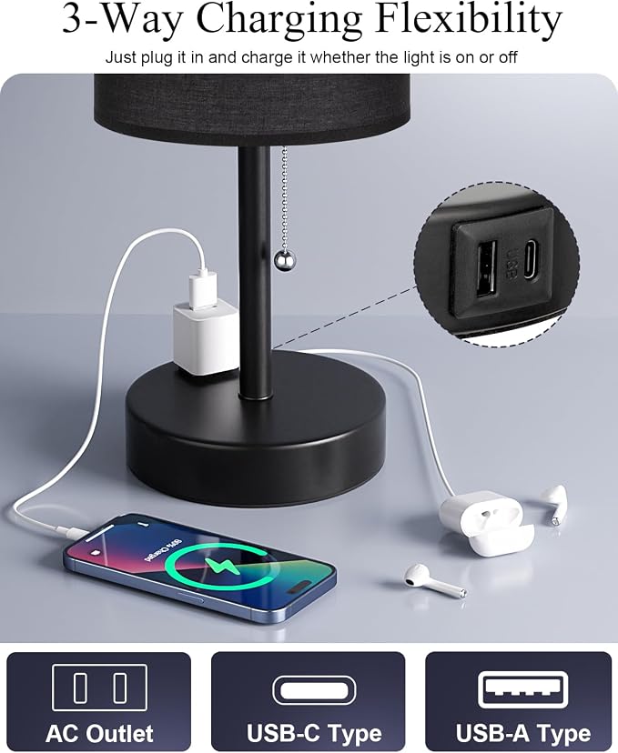 Fenmzee 17.4" Large Black Bedside Lamps Set of 2-3 Color Temperatures Pull Chain Lamp with AC Outlet Charging Port, Two Round Night Stand Lamps for Bedroom Guest Room Office