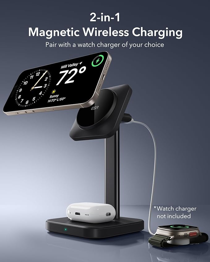 ESR 2 in 1 Charging Station for Apple, MagSafe Charger Stand for iPhone [Certified], Magsafe Charging Station for Multiple Devices iPhone 17e/17/16/15/14/13/12, Apple Watch, & AirPods, Black