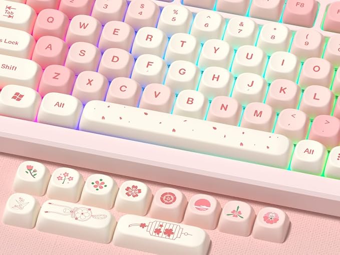 dagaladoo Cute PBT Keycaps Set,Pink Cherry Blossom,MOA Profile keycaps 60 75 100 Percent,Dye-Sub 133-key Custom Keyboard Keycap for TKL US Layout Mechanical Keyboard(only keycaps)