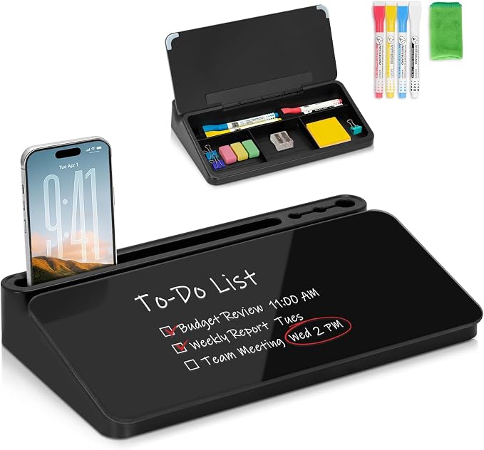 WALGLASS Small Desktop Whiteboard with Storage, Glass Desk Dry Erase White Board Computer Keyboard Phone Pad Stand with Drawer, Desk Organizers with Accessories for Office, Home, School Supplies Black