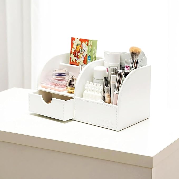 UnionBasic Desk Organizer - Multifunctional Leather Desktop Pen Holder Storage Box - Business Card/Pen/Pencil/Mobile Phone/Stationery Holder, White