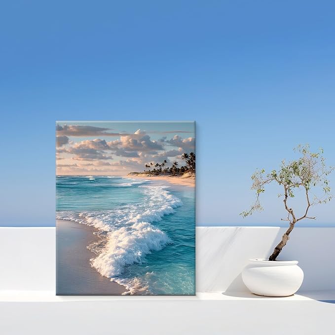 Coastal Ocean Wave Wall Art Decor Seascape Beach Painting Picture Artwork Blue Ocean Aesthetic Wall Decor for Home Beach Room Bedroom 8x10 Canvas Framed