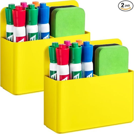 2 Pcs Magnetic Dry Erase Marker Holder for Whiteboard, Plastic Magnetic Pen Holder for Refrigerator Fridge, Magnet Pencil Cup for School Classroom, Locker Accessories,Pen Cup Organizer-Yellow