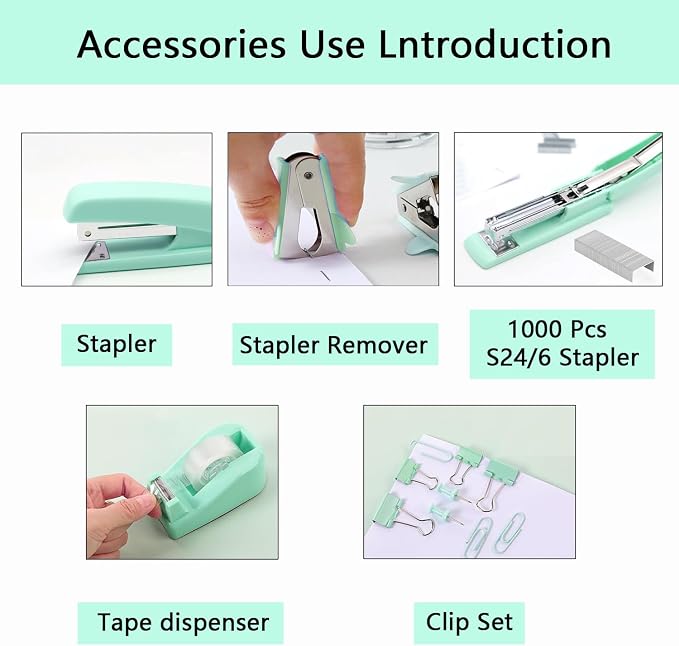 Office Supplies,Green Desk Accessories,Office Supplies Set,Stapler and Tape Dispenser Set,Scissors,Staple Remover,Binder Clips,Staples,Ballpoint Pen,Index Tabs with Ruler,Clear Tape.9pcs for Office