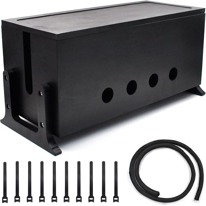 Large Wood Cable Management Box, Black Cord Organizer 14.2" | Hides power strips & TV wires, 14.2x6x6.3 inches,Ideal for home & office organization