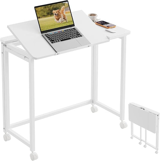 GreenForest Folding Desk with Adjustable Tiltable Desktop 0-90°, 31.5 inch Small Drafting Table with Wheels, Foldable Craft Table for Drawing, Reading, Writing, Laptop, Work, White