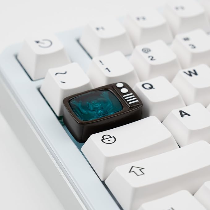 Retro TV Artisan Keycap, Transparent Turquoise Resin, 1.5U Size, Hand-Painted 3D Printed Design, Compatible with MX Switches, for Tab and Backslash Keys