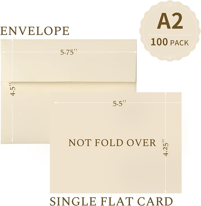Goefun Ivory Blank Cards and Envelopes (Not-Folded), Cream Flat Note Cards 4.25 x 5.5 and A2 Envelopes Self Seal 100 Pack for Wedding, Invitations, DIY Notecards, Birthday & All Occasion