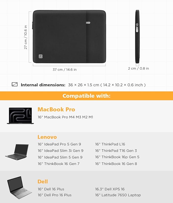 NIDOO Laptop Sleeve 16 inch Computer Carrying Case Cover for 16 inch Thinkbook 16p/ T16 Gen 3/ E16 Gen 2/ L16 / T16 Gen 3/16" MacBook Pro M4 M3/ Dell Pro 16 Plus HP ASUS Samsung