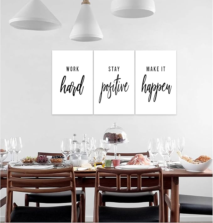 3 Piece Inspirational Wall Art, White Motivational Mindset Picture, Quote Work Stay Make It Canvas Print for Office Decor, Triptych Entrepreneur Poster Framed Artwork for Gym Wall Decor (48" Wx24 H)