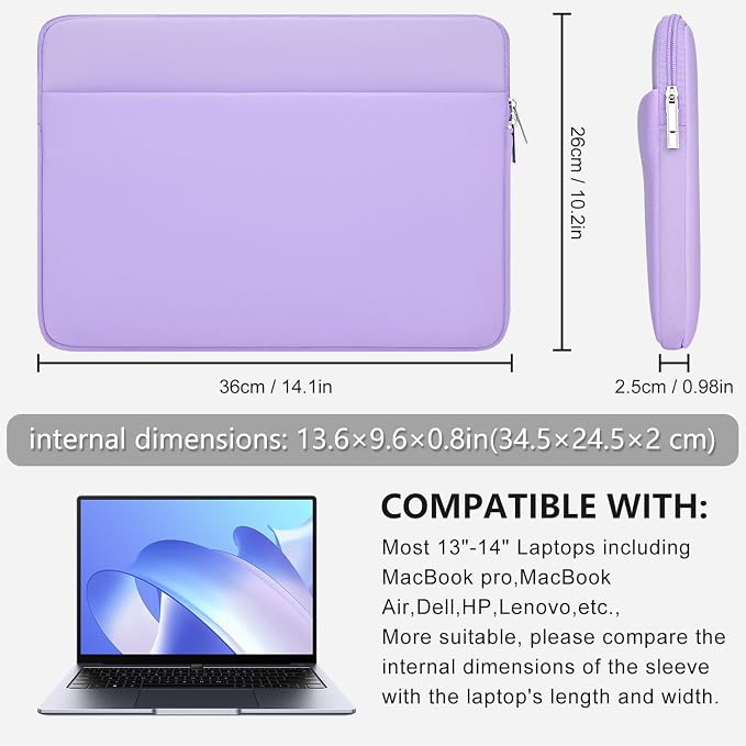 Laptop Sleeve Bag Compatible with 13 to 14 inches MacBook Air/Pro Chromebook Notebook Portable Cover with Front Pocket Padded Computer Pouch Cover Protective for 13” to 14” Laptop,Purple