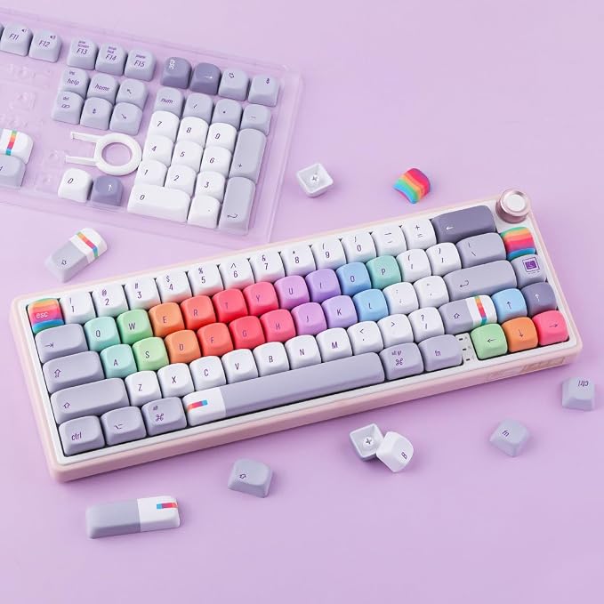 Tsungup MOA Profile Keycaps,131 Keys Gray Rainbow Candy Custom Keycaps,PBT Cute Dye Sub Key Caps Keyboard Keycap Set for MX Switches Mechanical