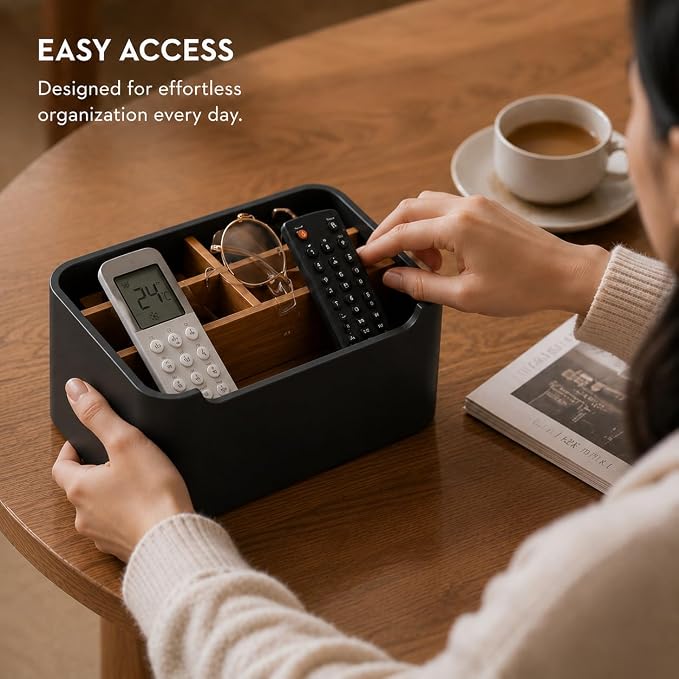 Remote Control Holder, Desk Organizer with Removable Dividers,Black | 5-compartment resin and wood organizer holds remotes, pens, glasses, and media devices for desk, coffee table, or nightstand