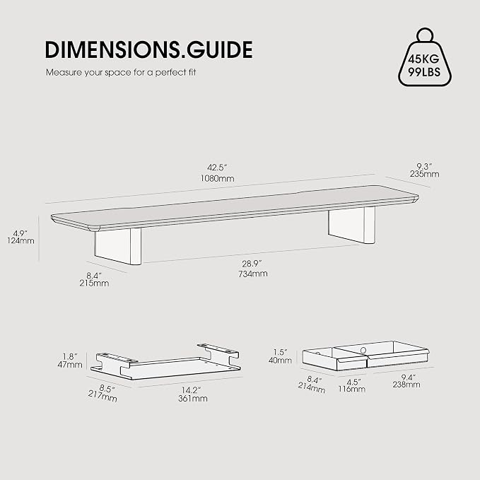 Fenge 42.5" Dual Monitor Stand with Storage Drawer & Solid Wood Legs, Black | Modern Minimalist Design, Repositionable Metal Drawers, Wooden Desk Shelf for Home Office Workspaces