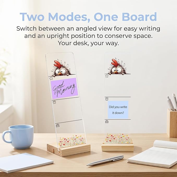 Sticky Note Holder, Monitor Memo Board, Acrylic Post It Note Holder with Wooden Base, Includes 200 Notes, Desk Organizer for Office, Cute Rooster Design