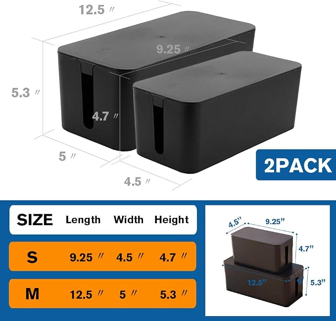 ShellKingdom Cable Management Box, 2 Set Cable Organizer for Cable and Cord Management, Storage and Holder to Cover and Hide & Power Strips & Cords (Black)
