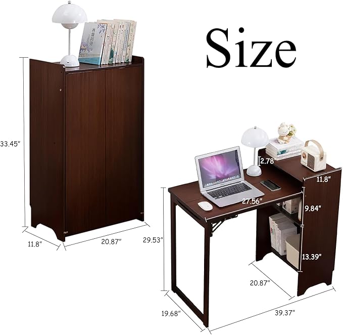 Bamboo Folding Out Desk with Storage Shelves, Expandable Hidden Computer Desk, Foldable Space-Saving Pull Out Murphy Table, Writing Table for Home Office Bedroom Small Spaces (Walnut)