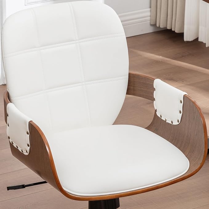 Mid Century Modern Executive Office Chair, Faux Leather Desk Chair, Walnut | Ergonomic Curved Back, Bentwood Frame, 360° Swivel & Rocking Function, Height Adjustable 19"-23", Support Up to 350 lbs